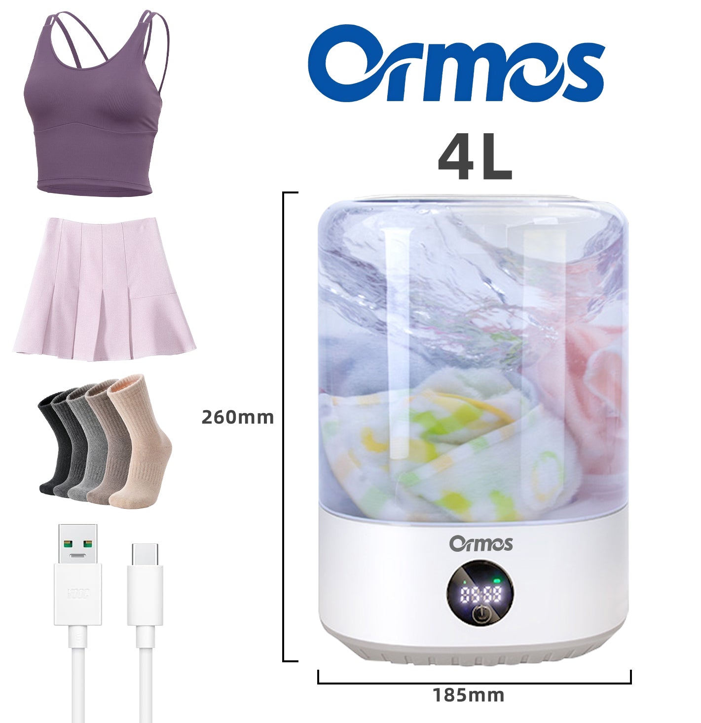 Portable Mini Washing Machine USB Rechargeable Cordless Washer For Underwear, Socks, Baby Clothes, 4L Capacity With Digital Control, Quiet & Efficient For Apartment, Dorm, Travel, Camping & RV