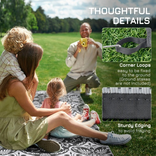 Outsunny Reversible Outdoor Rug, 9 X 18 Waterproof Plastic Straw Floor Mat, Portable RV Camping Carpet With Carry Bag, Large Floor Mat For Backyard, Deck, Picnic, Beach, Gray  White Floral