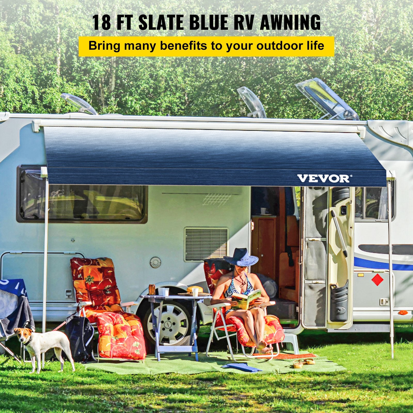 RV Awning, Awning Replacement Fabric 18 FT, Slate Blue RV Awning Replacement, 15oz Vinyl Material Replacement Awning, Sun Shade And Waterproof Camper Awning Replacement Fabric