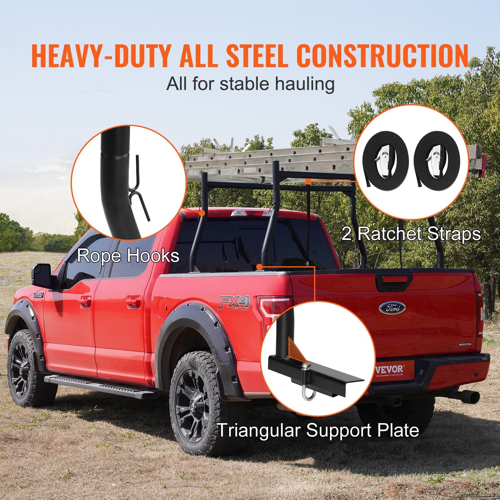 VEVOR Truck Rack, 46-71inch Extendable Truck Ladder Rack, 800 Lbs Capacity Steel Ladder Rack For Truck With Non-Drilling J-bolts, Heavy Duty Truck Bed Rack For Kayak, Surfboard, Lumber, Ladder