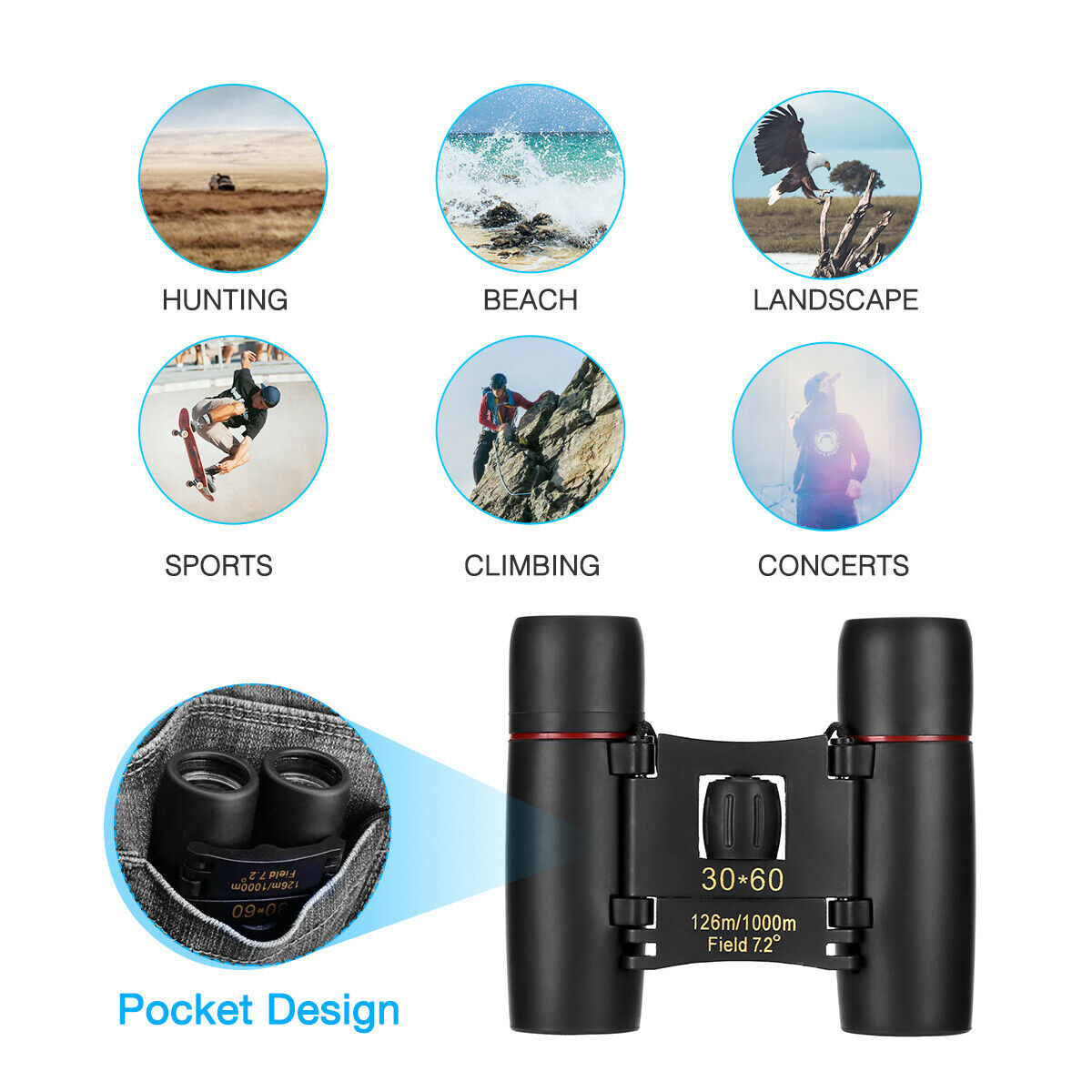 30x60 Compact Folding Binoculars for Day Night Outdoor Use