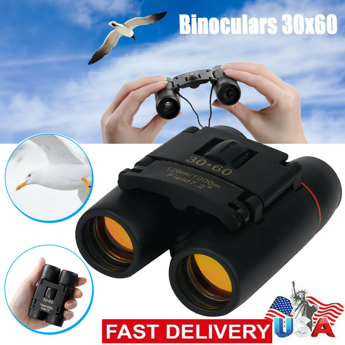 30x60 Compact Folding Binoculars for Day Night Outdoor Use