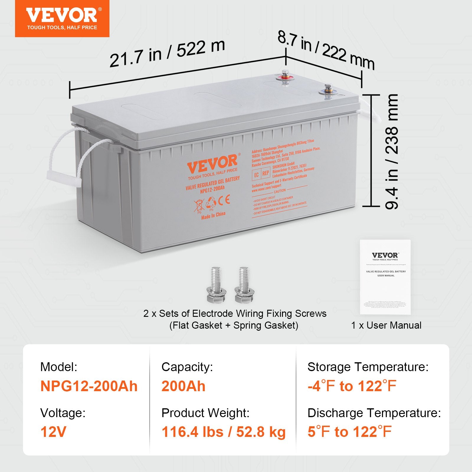 VEVOR Deep Cycle Battery, 12V 200 AH, AGM Marine Rechargeable Battery, High Self-Discharge Rate 1400A Current, For RV Solar Marine Off-Grid Applications UPS Backup Power System, Tested To UL Standards