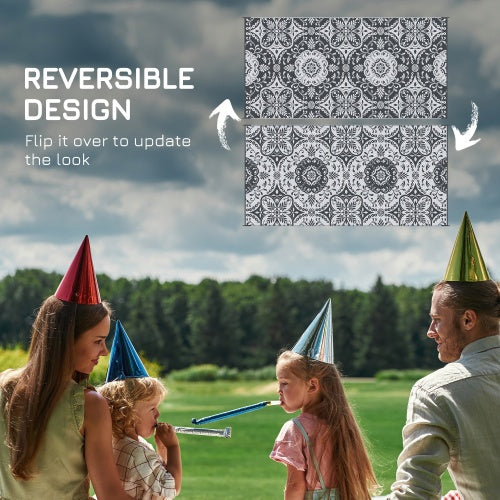 Outsunny Reversible Outdoor Rug, 9 X 18 Waterproof Plastic Straw Floor Mat, Portable RV Camping Carpet With Carry Bag, Large Floor Mat For Backyard, Deck, Picnic, Beach, Gray  White Floral