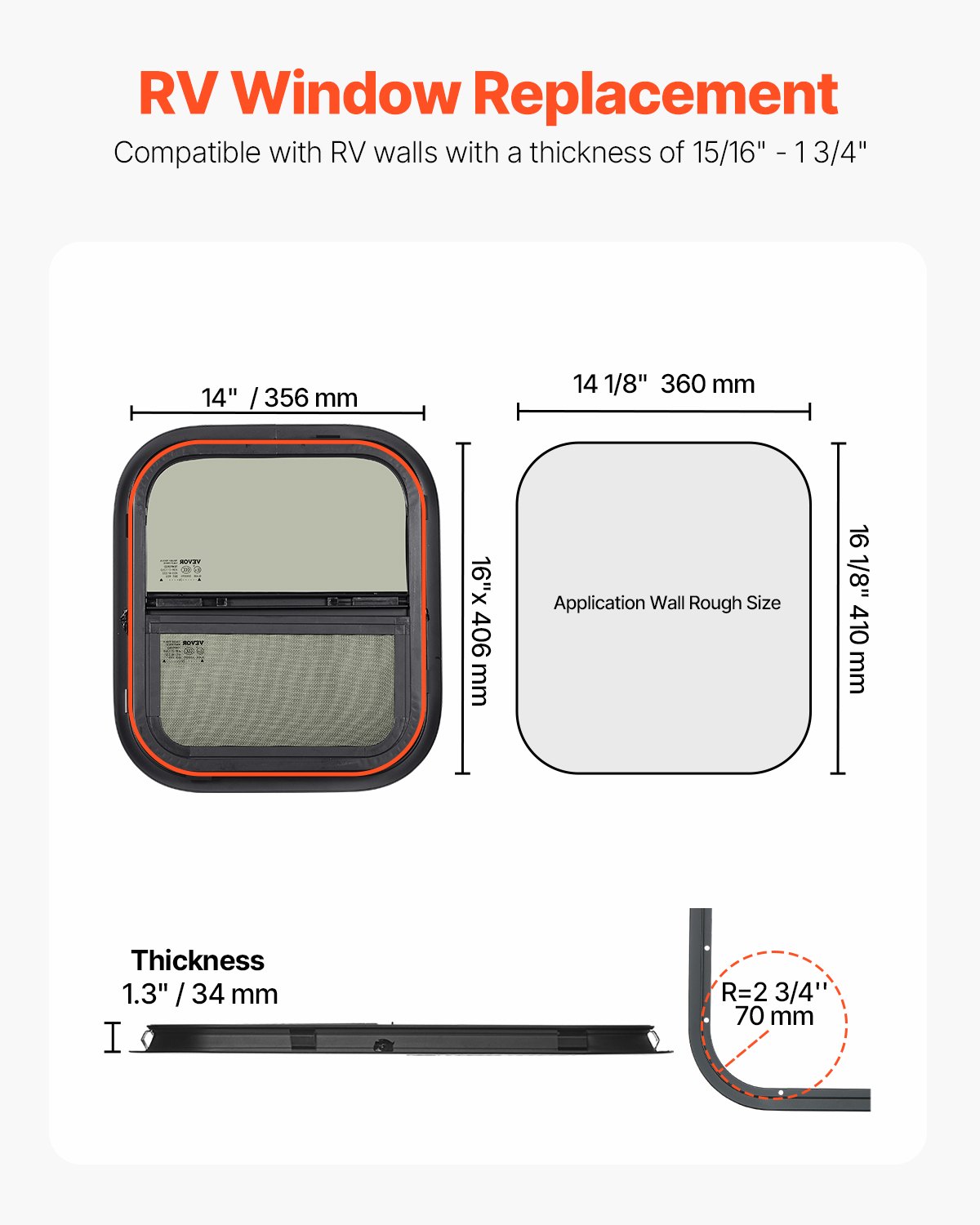 Vertical RV Window, 14" W X 16" H Tinted Sliding RV Window With Net Screen & Trim Ring, Fit 15/16" - 1 3/4" Thickness Wall, RV Window Replacement For Teardrop Cargo Trailer Camper, DOT Approved