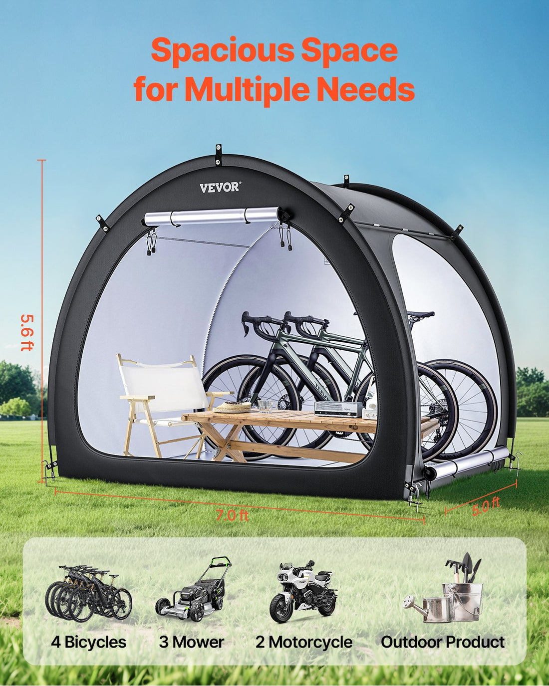 Outdoor Bike Storage Tent Fan-Shaped Dual-Door Bike Tent For 4 To 5 Bikes