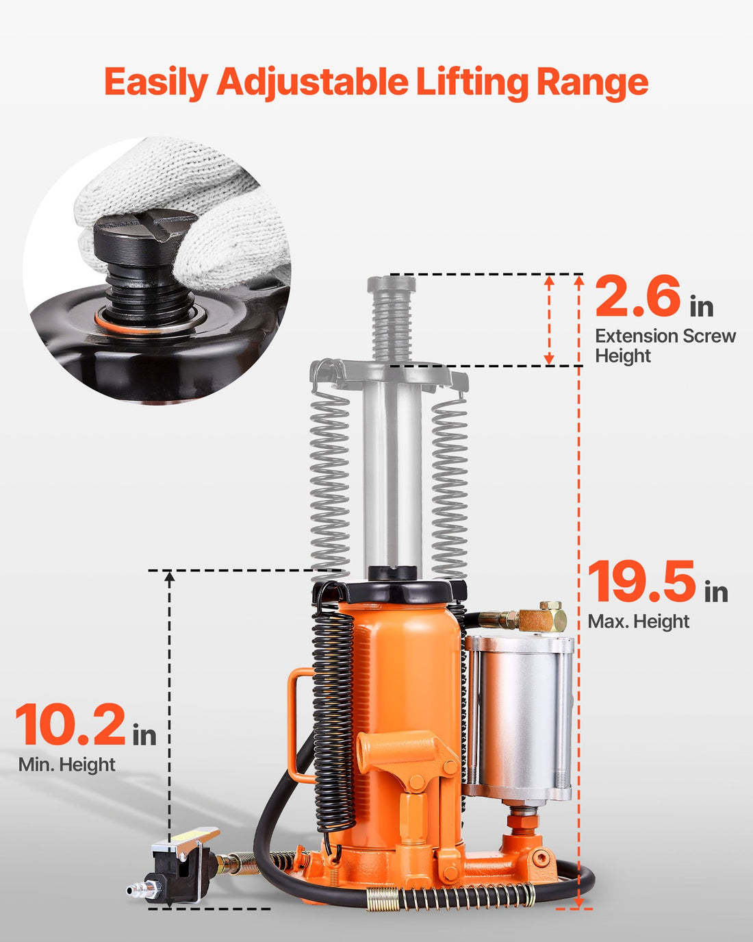 Air Hydraulic Bottle Jack, 20 Ton (44092 Lbs) Capacity, 10.2-19.5 Inch Lifting Range, Pneumatic/Manual Heavy Duty Welded Bottle Jack With Pump For Car, SUV, Pickup, Truck, RV Auto Repair, Orange
