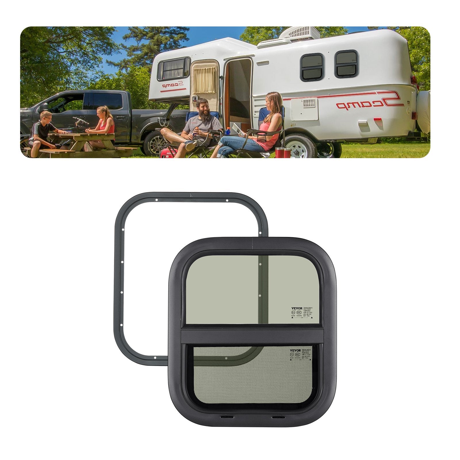 Vertical RV Window, 14" W X 16" H Tinted Sliding RV Window With Net Screen & Trim Ring, Fit 15/16" - 1 3/4" Thickness Wall, RV Window Replacement For Teardrop Cargo Trailer Camper, DOT Approved