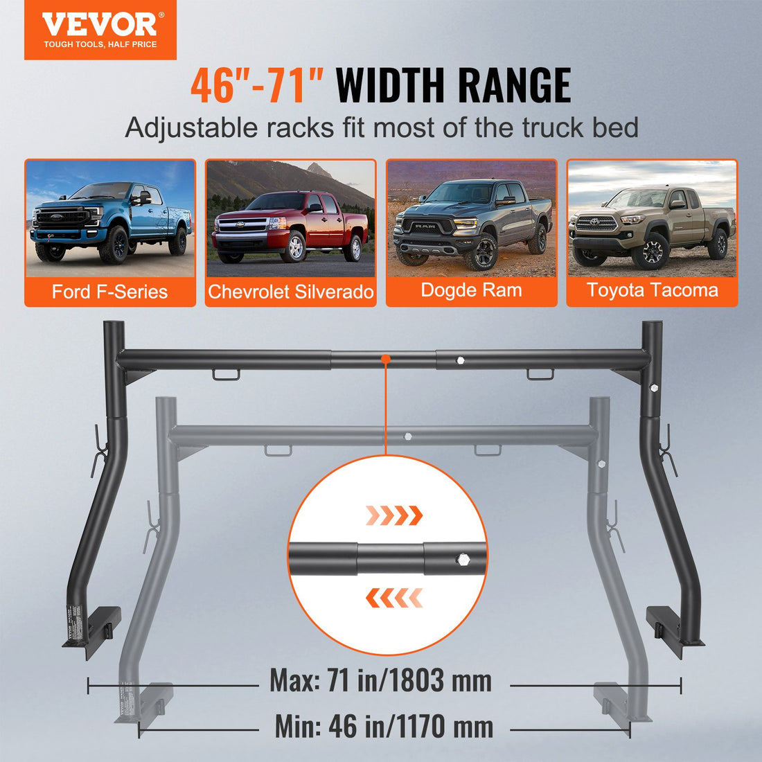 VEVOR Truck Rack, 46-71inch Extendable Truck Ladder Rack, 800 Lbs Capacity Steel Ladder Rack For Truck With Non-Drilling J-bolts, Heavy Duty Truck Bed Rack For Kayak, Surfboard, Lumber, Ladder