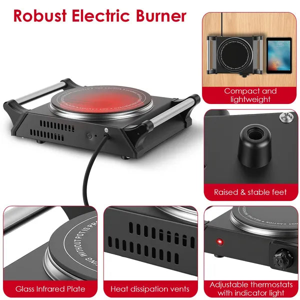 Electric Single Burner Portable Heating Hot Plate Stove Countertop RV Hotplate With 5 Temperature Stepless Adjustments Portable Handles