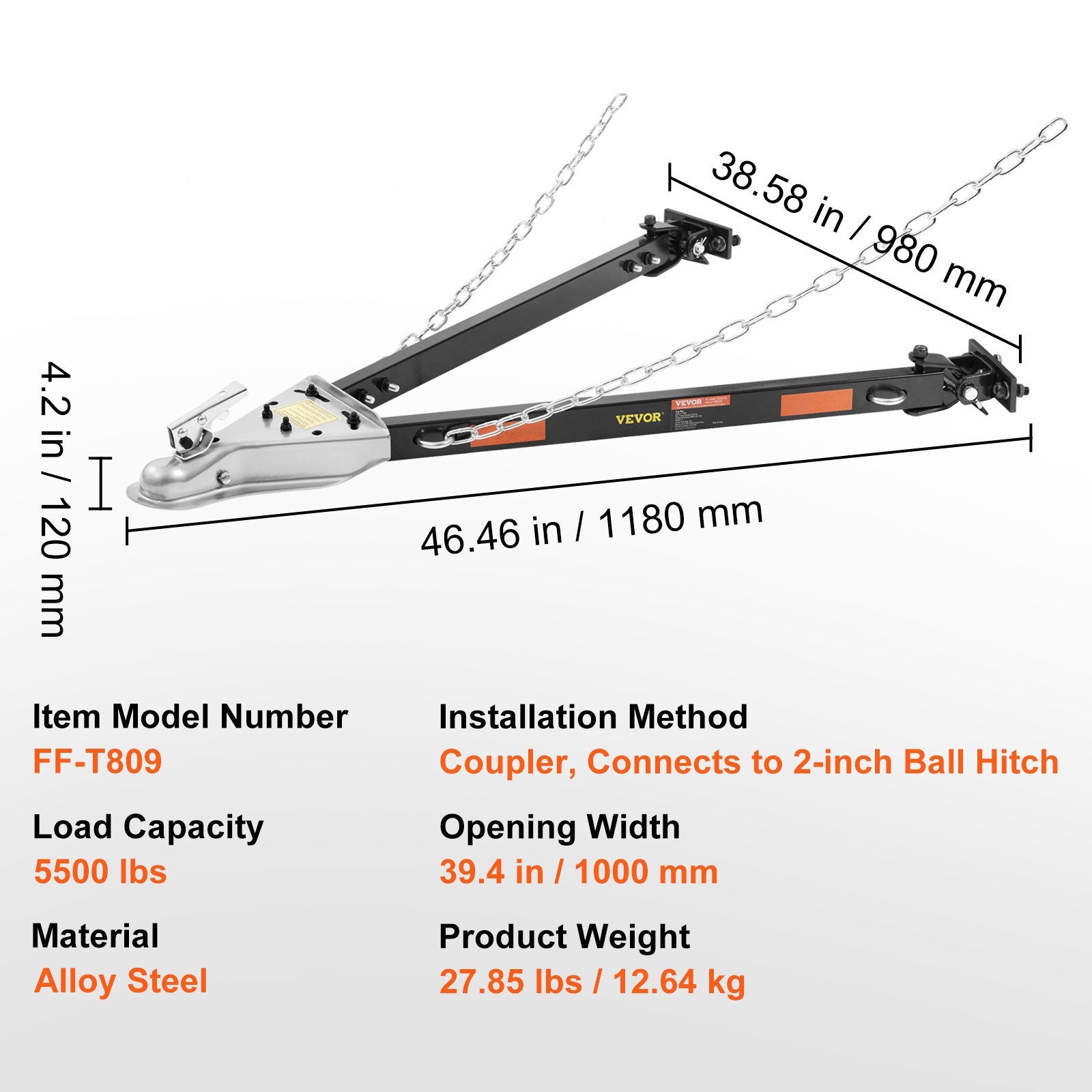 VEVOR Tow Bar, 5500 Lbs Towing Capacity With Chains, Powder-Coating Alloy Steel Bumper-Mounted Universal Towing Bar, Coupler Fits 2-Inch Ball Hitch, 39.4-Inch Opening Width, For RV Car Trailer Truck