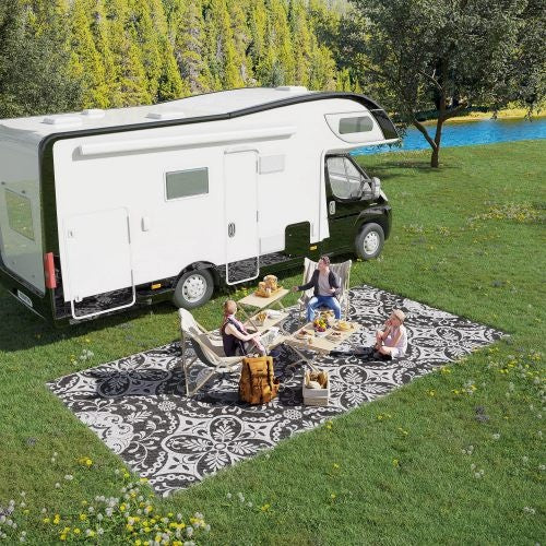 Outsunny Reversible Outdoor Rug, 9 X 18 Waterproof Plastic Straw Floor Mat, Portable RV Camping Carpet With Carry Bag, Large Floor Mat For Backyard, Deck, Picnic, Beach, Gray  White Floral