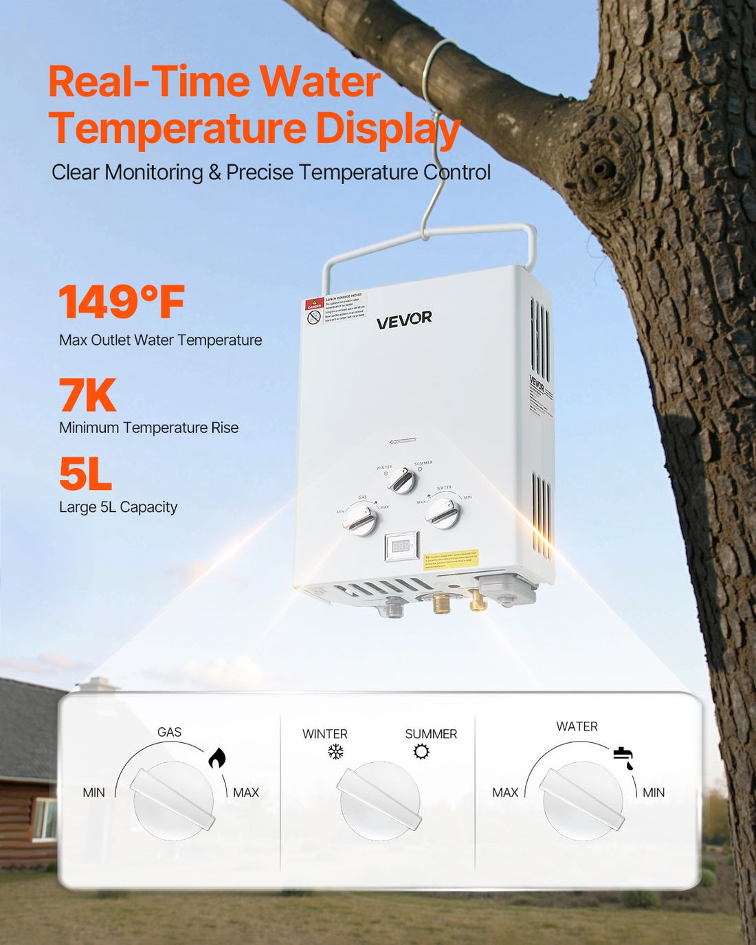 Portable Propane Water Heater, 5L Tankless Outdoor Water Heater, 34000 BTU 1.32 GPM Instant Hot Water, With Accessory Set + Regulator For RV Camping Trips Cabins Barns