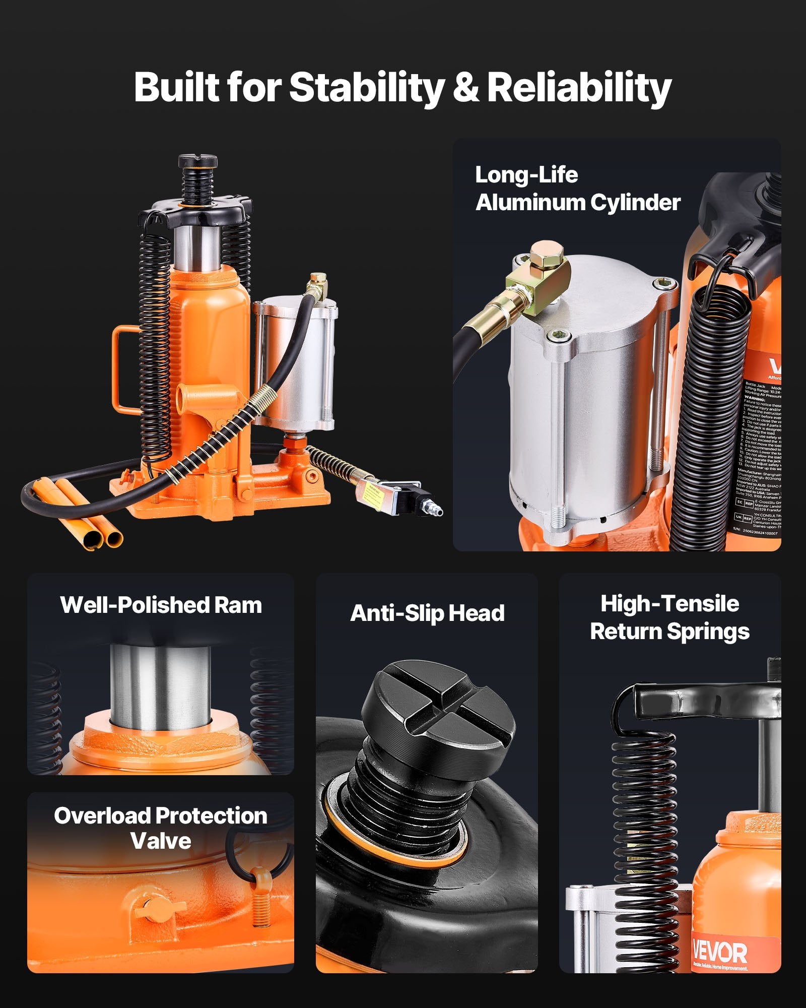 Air Hydraulic Bottle Jack, 20 Ton (44092 Lbs) Capacity, 10.2-19.5 Inch Lifting Range, Pneumatic/Manual Heavy Duty Welded Bottle Jack With Pump For Car, SUV, Pickup, Truck, RV Auto Repair, Orange