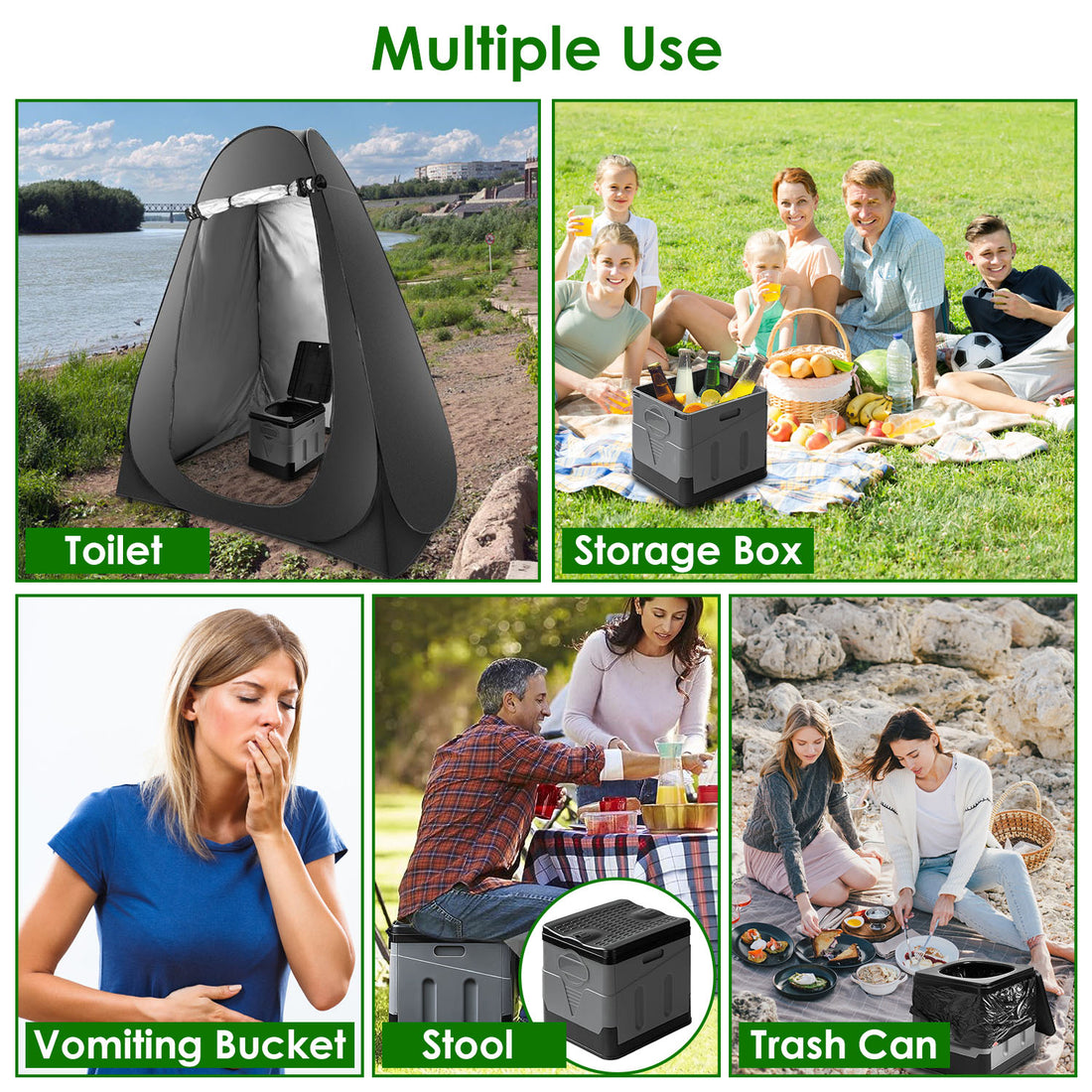Portable Foldable Toilet for Car Camping Hiking with Lid and Bag