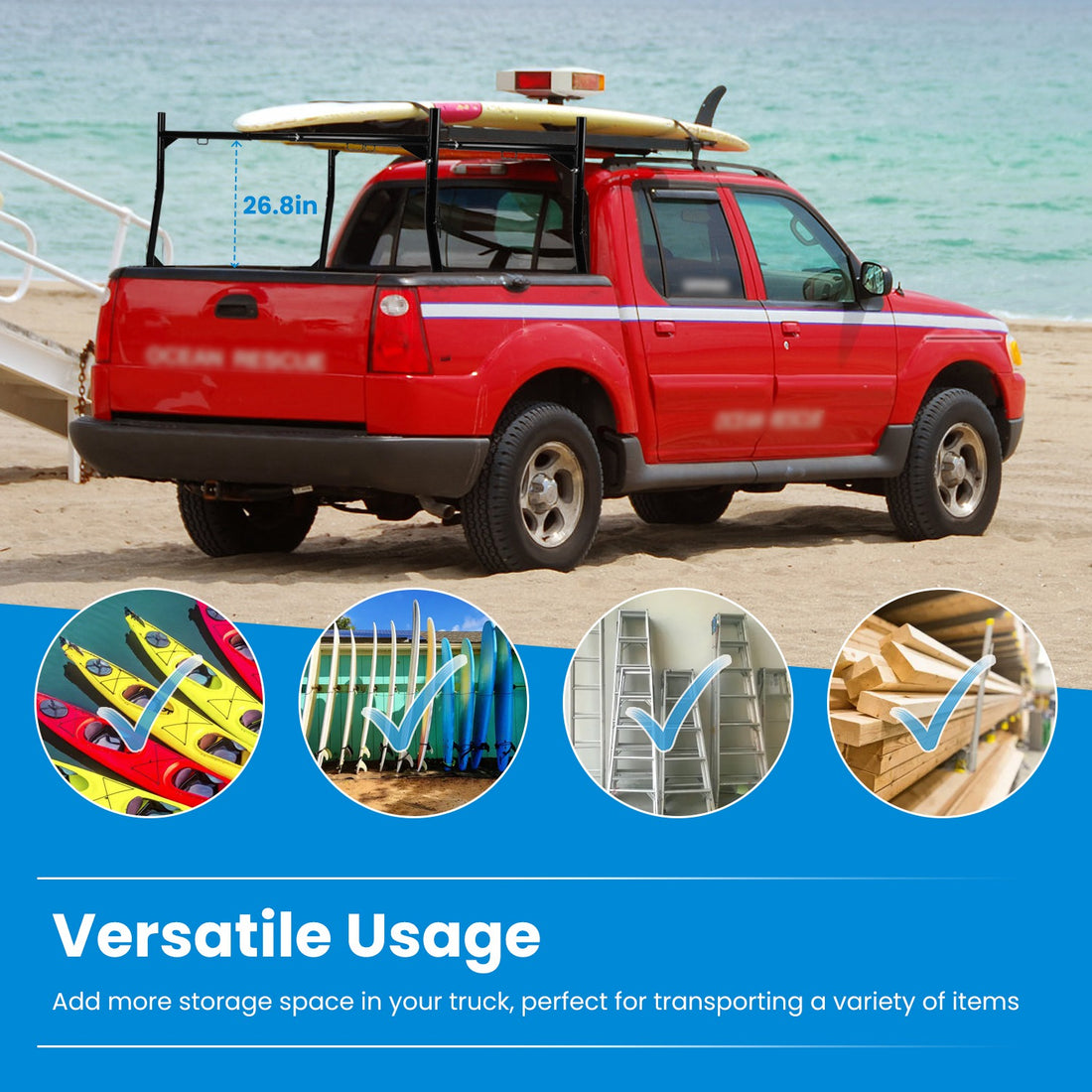 1Pair Extendable Truck Ladder Rack Non-Drilling Pick-up Truck Bed Utility Rack Adjustable Steel Truck Rack With 800LBS Capacity For 47.2-72.8in Wide Truck Bed For Kayak Surfboard