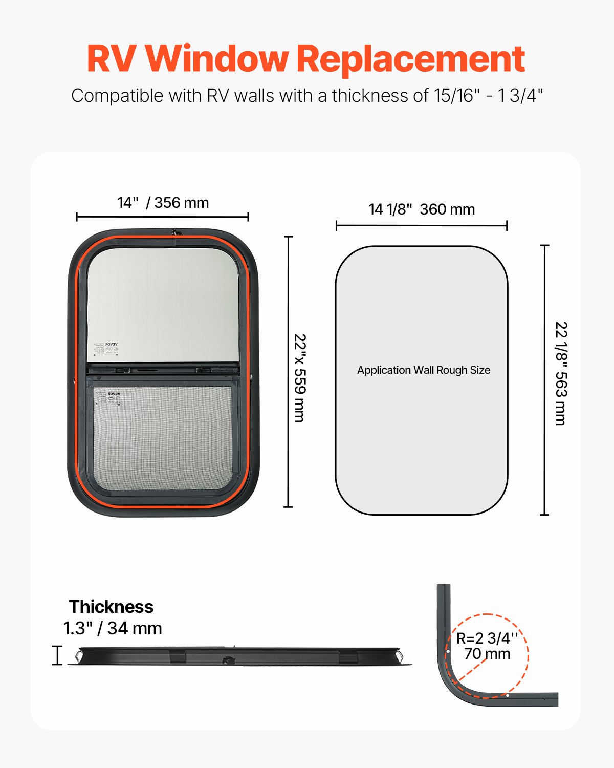 Vertical RV Window, 14" W X 22" H Tinted Sliding RV Window With Net Screen & Trim Ring, Fit 15/16" - 1 3/4" Thickness Wall, RV Window Replacement For Teardrop Cargo Trailer Camper, DOT Approved