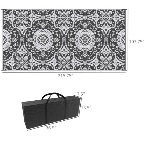 Outsunny Reversible Outdoor Rug, 9 X 18 Waterproof Plastic Straw Floor Mat, Portable RV Camping Carpet With Carry Bag, Large Floor Mat For Backyard, Deck, Picnic, Beach, Gray  White Floral
