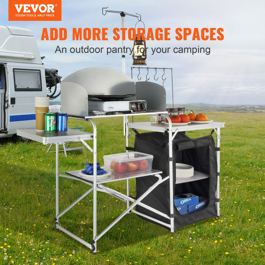 Camping Kitchen Table, Folding Outdoor Cooking Table With Storage Carrying Bag, Aluminum Cook Station 1 Cupboard & Detachable Windscreen, Quick Set-up For Picnics, BBQ, RV Traveling, Black