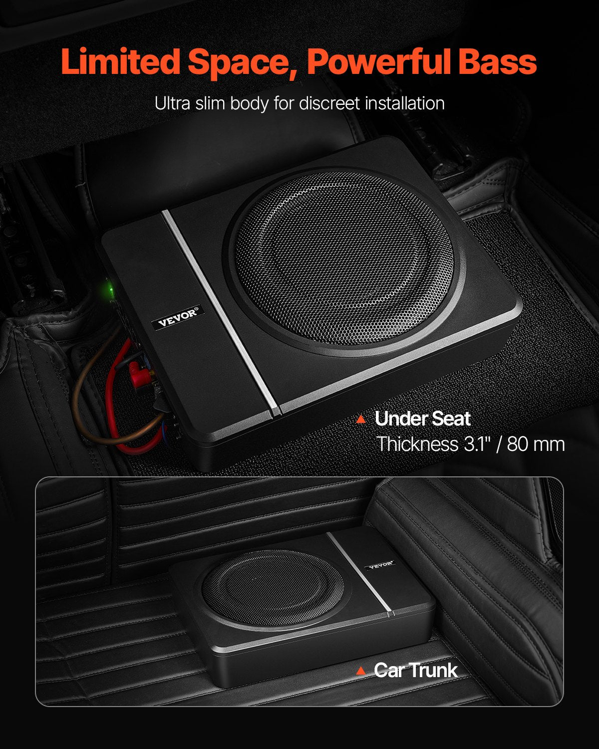 8" 240W Underseat Car Subwoofer, Slim Powered Car Subwoofers Under The Seat, Low Profile Audio Sub Built-in Amplifier, High/Low Level Input & Volume Controller For SUVs, Car, Truck, RV