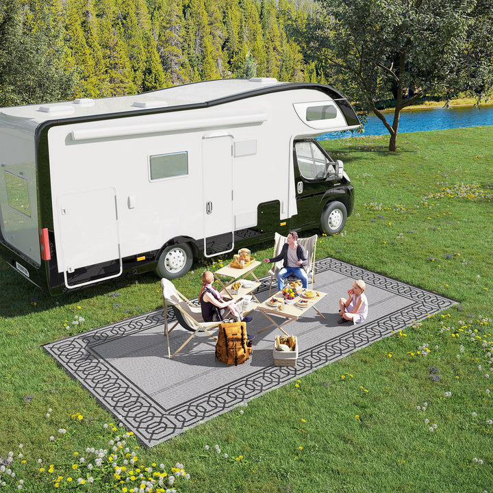 Outdoor Rug for Patio, 9' x 18' Waterproof Large Mat, Reversible Plastic Straw Rug for Decor, Portable Outside RV Camping Area Carpet Mat for Backyard Porch Deck Picnic, Black & Gray Border