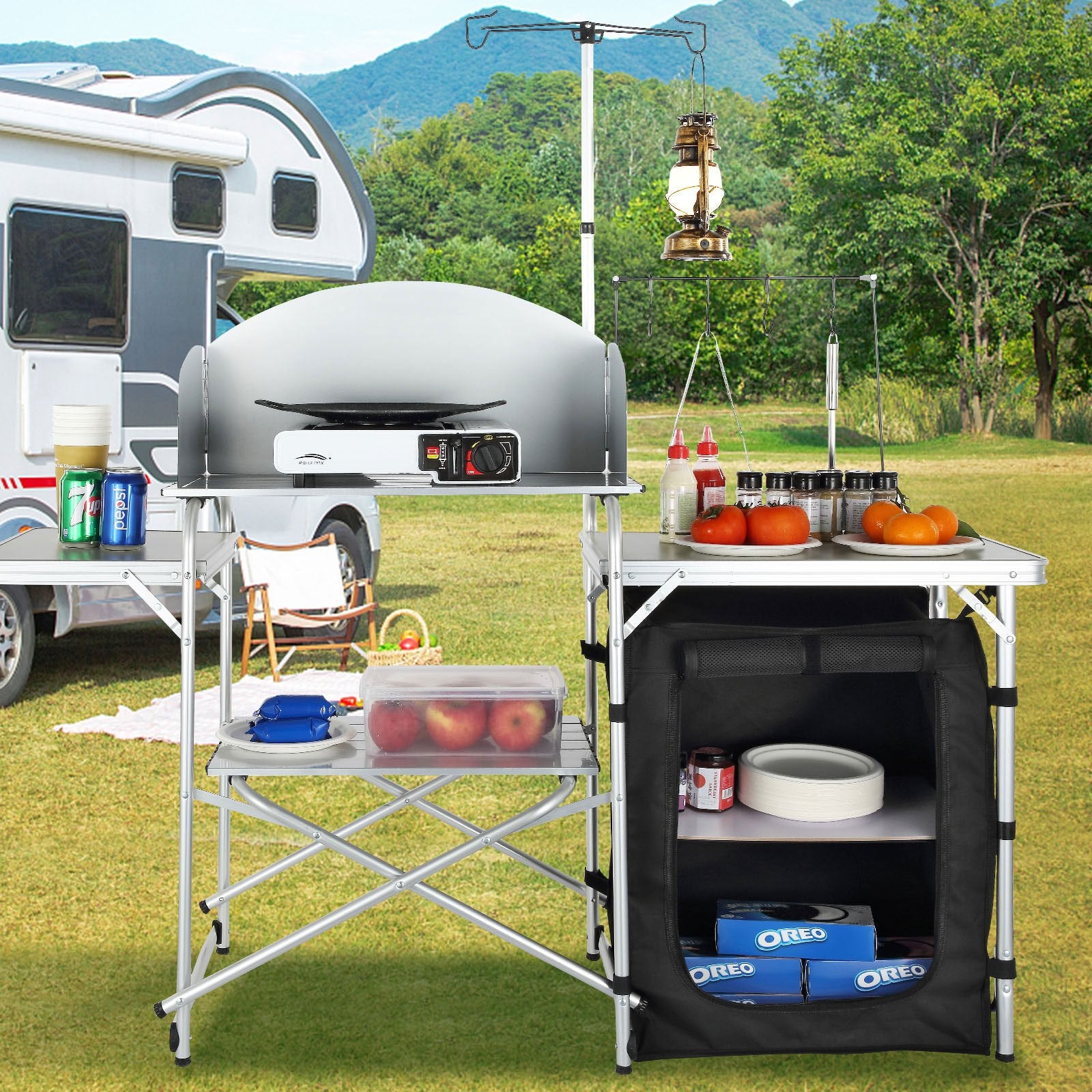 Camping Kitchen Table, Folding Outdoor Cooking Table With Storage Carrying Bag, Aluminum Cook Station 1 Cupboard & Detachable Windscreen, Quick Set-up For Picnics, BBQ, RV Traveling, Black