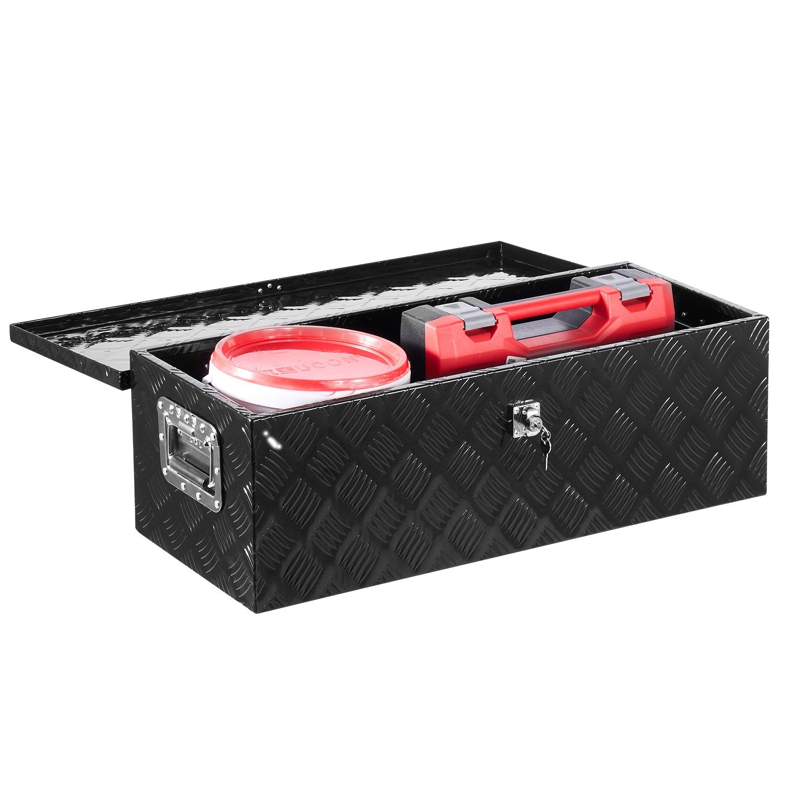 Heavy Duty Aluminum Truck Bed Tool Box, Stripes Plated Tool Box With Side Handle And Lock Keys, Storage Toolbox Chest Organizer For Trailer, Pickup, Truck Bed, RV, 30"x13"x9.6", Black