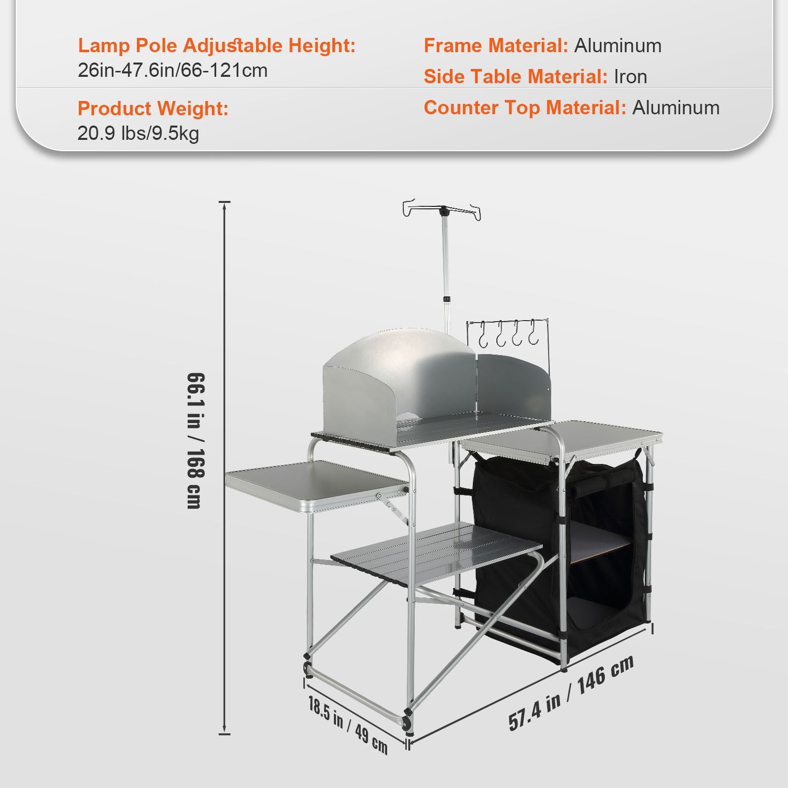 Camping Kitchen Table, Folding Outdoor Cooking Table With Storage Carrying Bag, Aluminum Cook Station 1 Cupboard & Detachable Windscreen, Quick Set-up For Picnics, BBQ, RV Traveling, Black