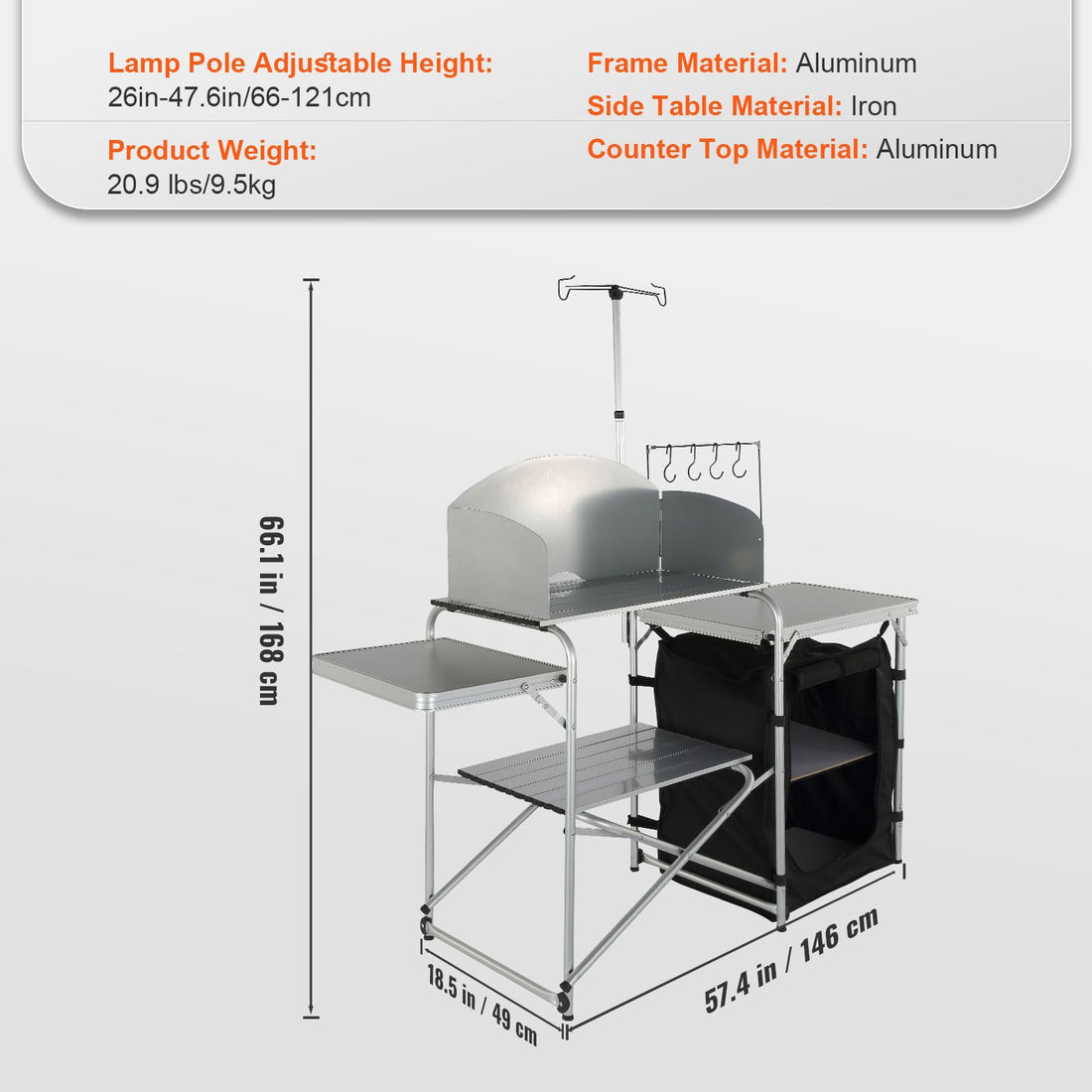 Camping Kitchen Table, Folding Outdoor Cooking Table With Storage Carrying Bag, Aluminum Cook Station 1 Cupboard & Detachable Windscreen, Quick Set-up For Picnics, BBQ, RV Traveling, Black