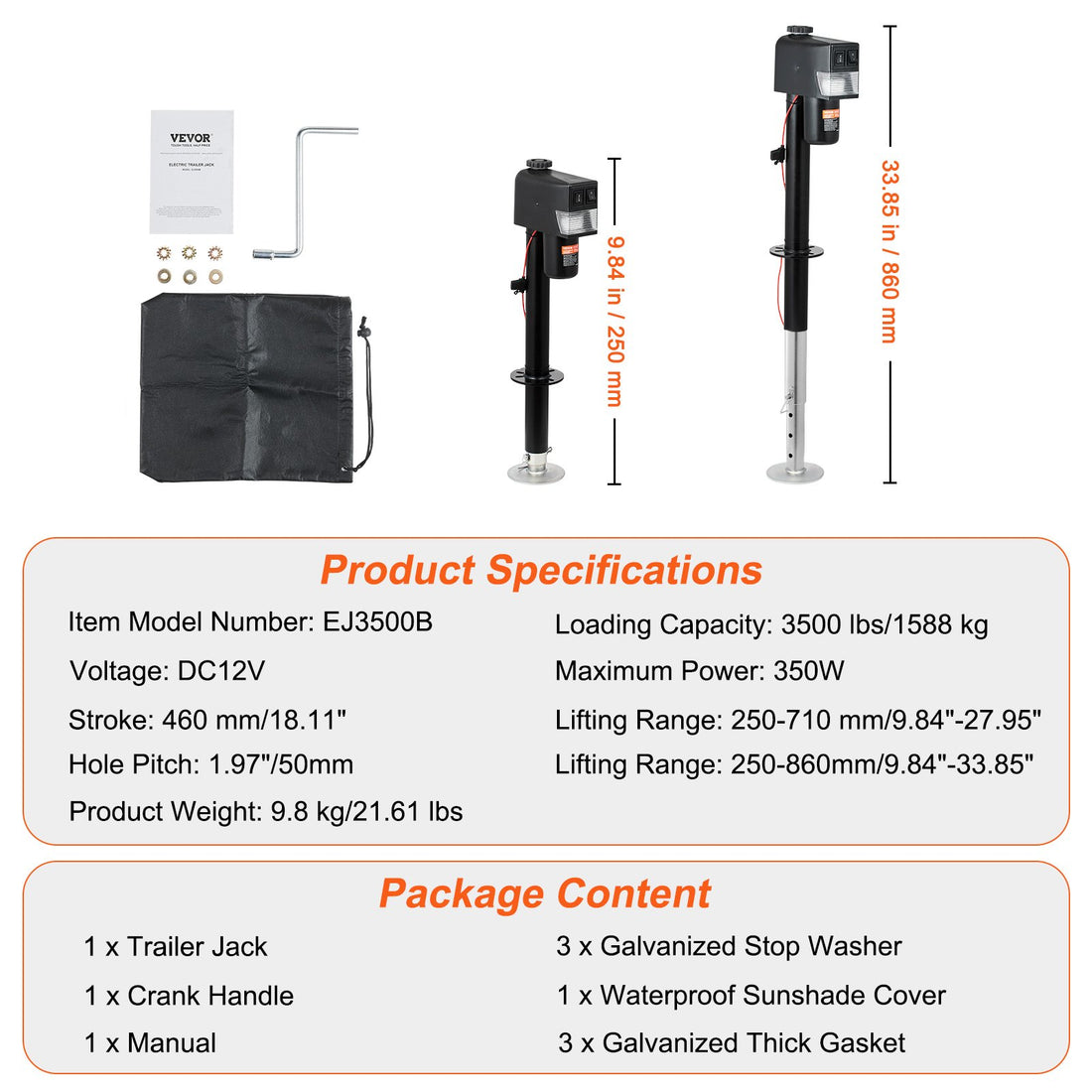 VEVOR Electric Trailer Jack, Power Tongue Jack Weight Capacity 3500 Lbs, Electric Tongue Jack With Waterproof Cover For Lifting RV Trailer, Horse Trailer, Utility Trailer, Yacht Trailer