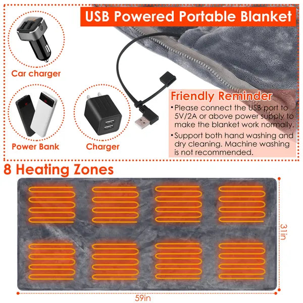 59 Plus 31in USB Heated Blanket Electric Heated Blanket Heated Poncho Shawl Wrap Throw With Zipper Washable For Home Office