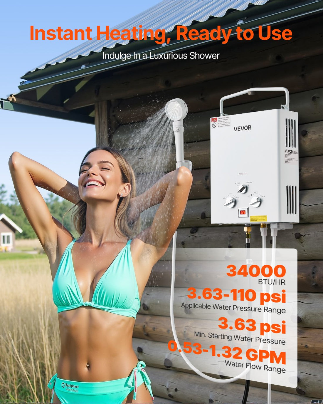 Portable Propane Water Heater, 5L Tankless Outdoor Water Heater, 34000 BTU 1.32 GPM Instant Hot Water, With Accessory Set + Regulator For RV Camping Trips Cabins Barns