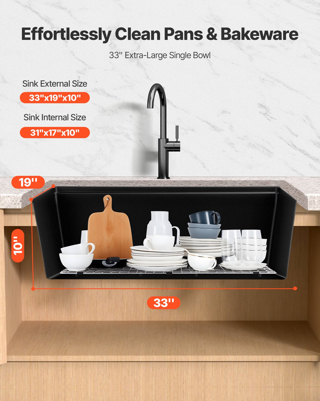 33 Inch Granite Kitchen Sink Undermount Single Bowl Drop-In Basin For RV Bar