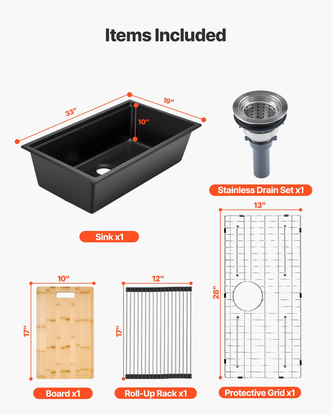 33 Inch Granite Kitchen Sink Undermount Single Bowl Drop-In Basin For RV Bar