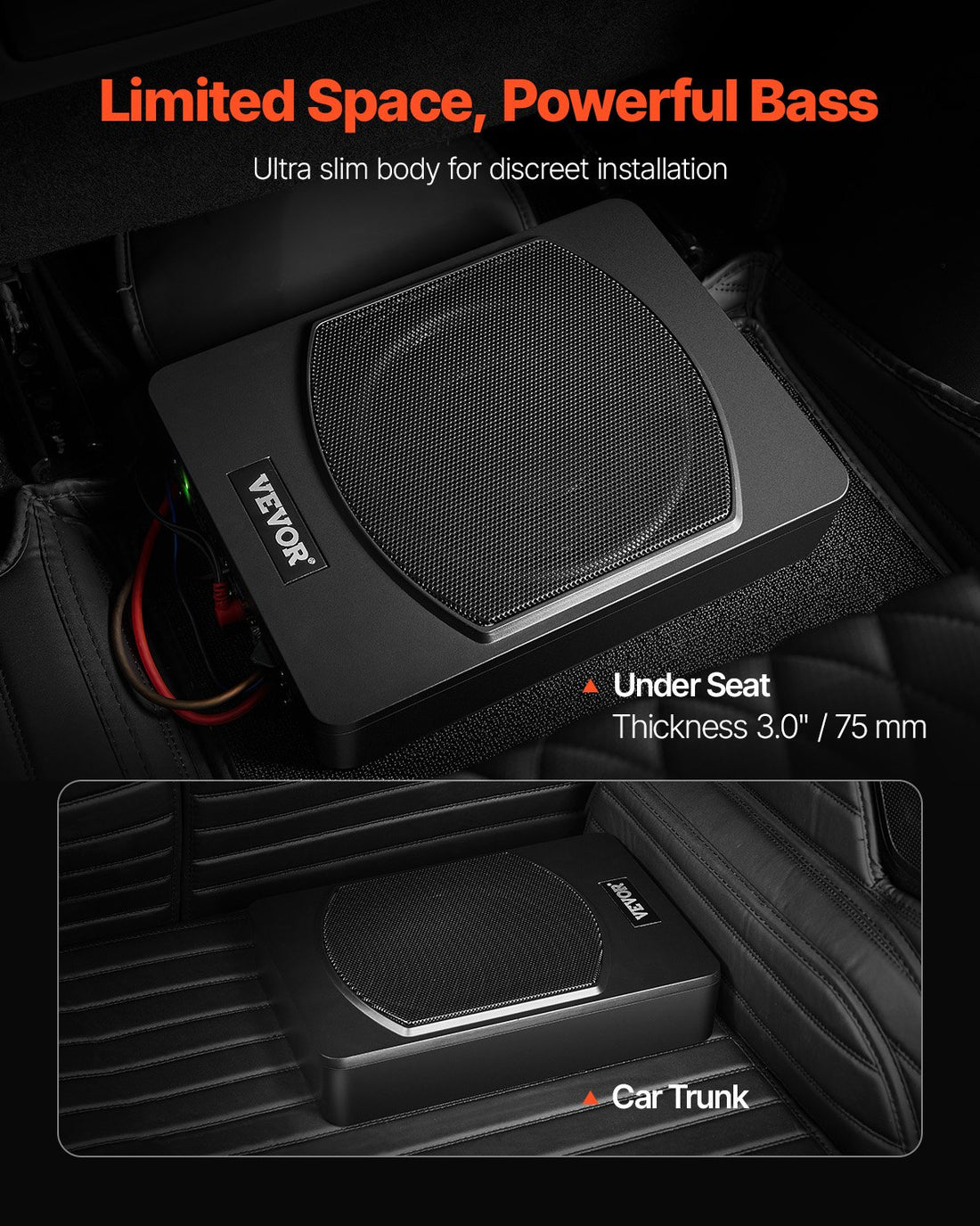 10" 240W Underseat Car Subwoofer, Slim Powered Car Subwoofers Under The Seat, Low Profile Audio Sub Built-in Amplifier, High/Low Level Input & Volume Controller For SUVs, Car, Truck, RV