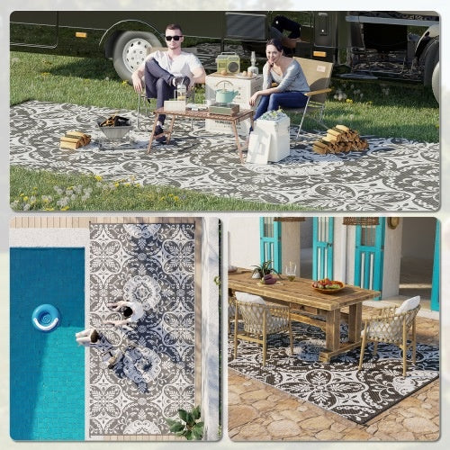 Outsunny Reversible Outdoor Rug, 9 X 18 Waterproof Plastic Straw Floor Mat, Portable RV Camping Carpet With Carry Bag, Large Floor Mat For Backyard, Deck, Picnic, Beach, Gray  White Floral