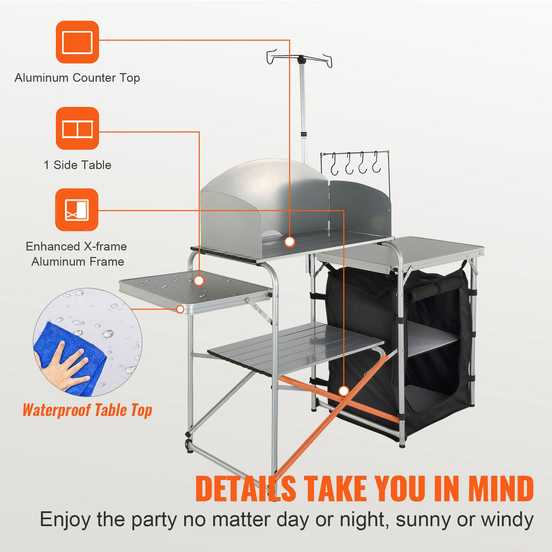 Camping Kitchen Table, Folding Outdoor Cooking Table With Storage Carrying Bag, Aluminum Cook Station 1 Cupboard & Detachable Windscreen, Quick Set-up For Picnics, BBQ, RV Traveling, Black