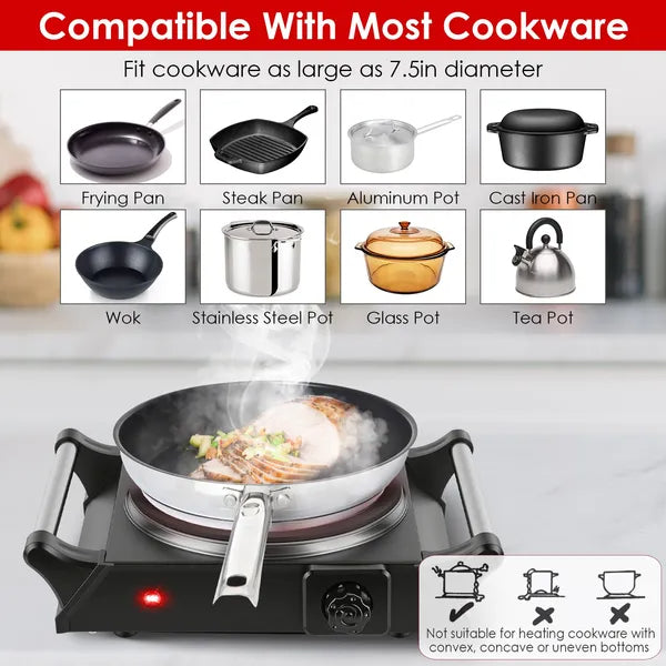 Electric Single Burner Portable Heating Hot Plate Stove Countertop RV Hotplate With 5 Temperature Stepless Adjustments Portable Handles