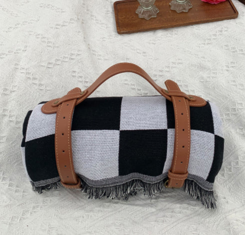 New Chessboard Plaid Knitted Thickened Camping Rugs Picnic Mat Fashion Tassel