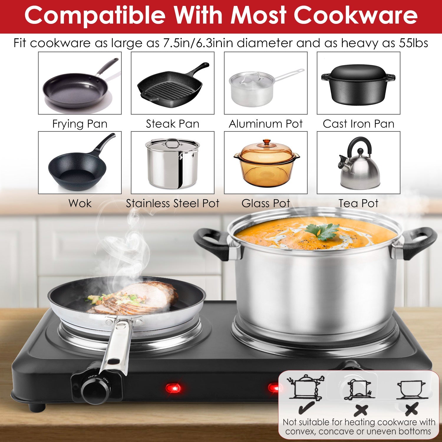 1Pc 2000W Electric Infrared Dual Burner Portable Heating Hot Plate Stove Countertop RV Hotplate With Glass Cooktop Stepless Temperature Adjustments For Home RV Camp