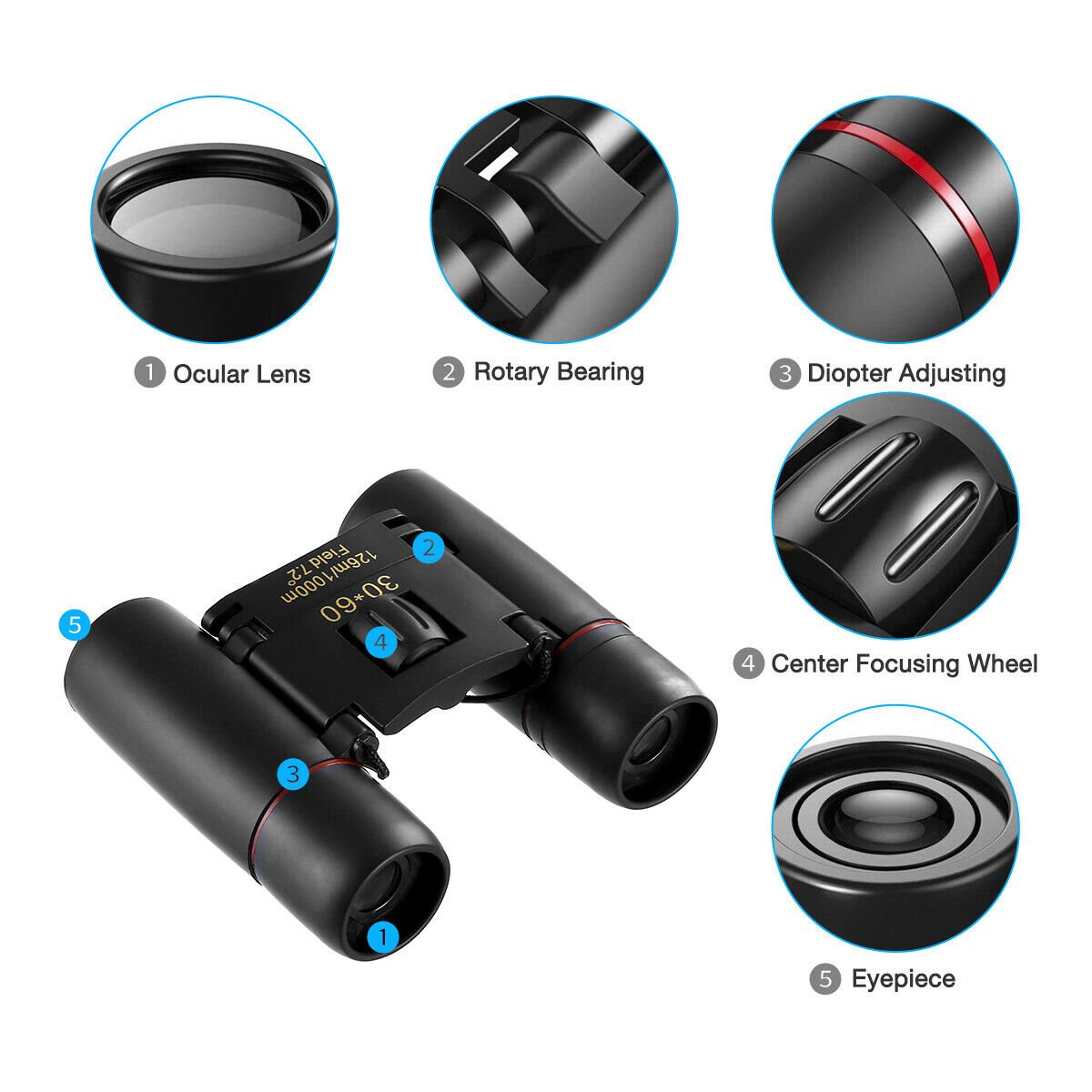 30x60 Compact Folding Binoculars for Day Night Outdoor Use