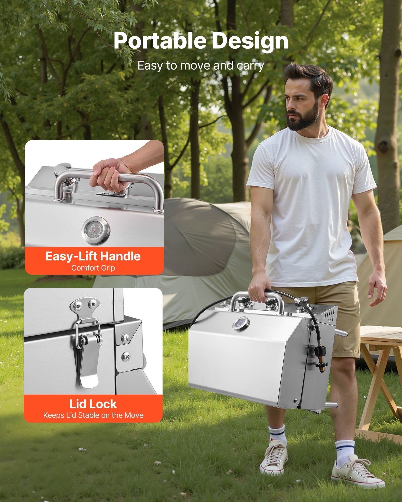 Tabletop Gas Grill, 3-Burner Stainless Steel Portable Propane Grill, With Built-in Thermometer, Travel Locks, Weatherproof Lid, 22,500 BTU Total, For Outdoor Cooking, Patio, Party, Camping, RV