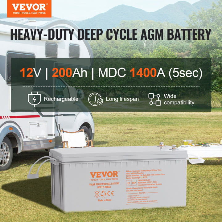 VEVOR Deep Cycle Battery, 12V 200 AH, AGM Marine Rechargeable Battery, High Self-Discharge Rate 1400A Current, For RV Solar Marine Off-Grid Applications UPS Backup Power System, Tested To UL Standards