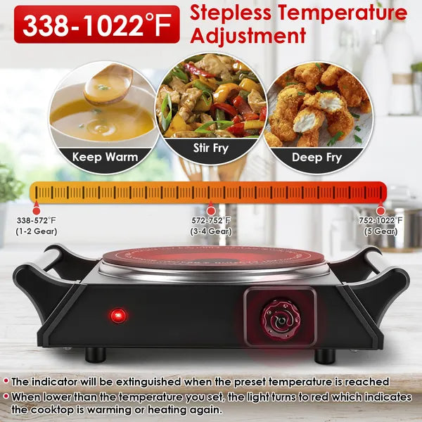 Electric Single Burner Portable Heating Hot Plate Stove Countertop RV Hotplate With 5 Temperature Stepless Adjustments Portable Handles