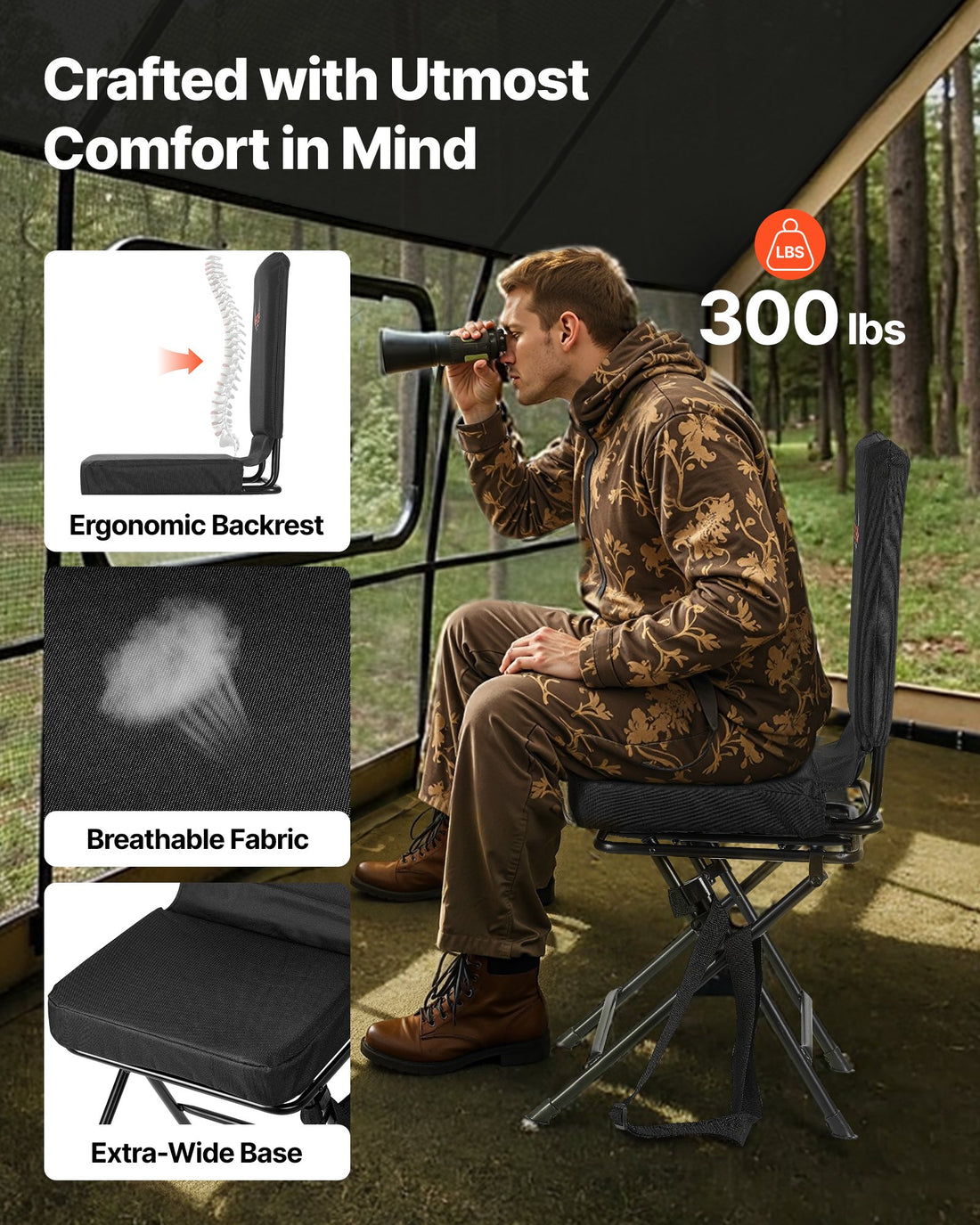 Hunting Chair, 360° Silent Swivel, Foldable Lightweight Portable Blind Chair, Heavy-Duty Steel Frame Ground Stool Seat, With Adjustable Shoulder Strap, 300 Lbs Capacity For Fishing, Camping