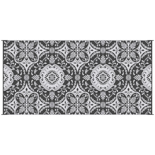 Outsunny Reversible Outdoor Rug, 9 X 18 Waterproof Plastic Straw Floor Mat, Portable RV Camping Carpet With Carry Bag, Large Floor Mat For Backyard, Deck, Picnic, Beach, Gray  White Floral