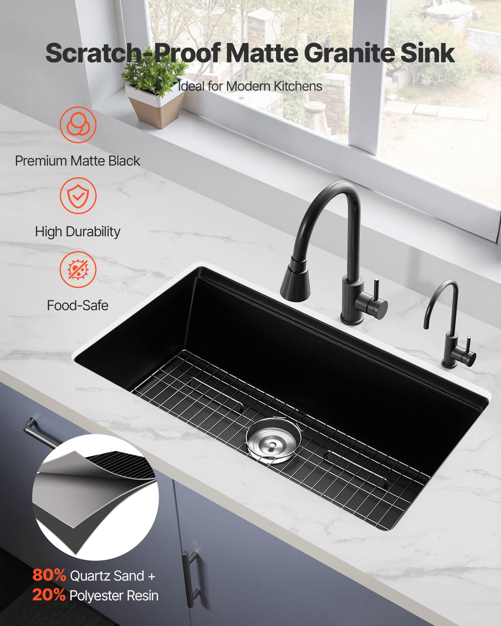 33 Inch Granite Kitchen Sink Undermount Single Bowl Drop-In Basin For RV Bar